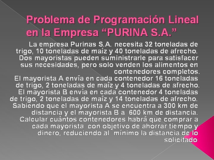 Problema de Programación Lineal en la Empresa “PURINA S. A. ” La empresa Purinas