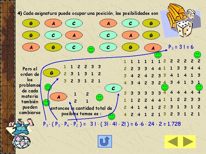 4) Cada asignatura puede ocupar una posición, las posibilidades son G A C G