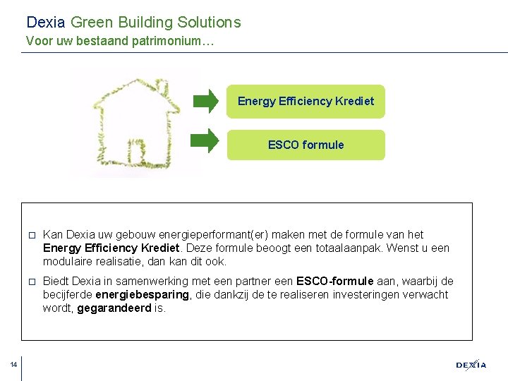 Dexia Green Building Solutions Voor uw bestaand patrimonium… Energy Efficiency Krediet ESCO formule 14