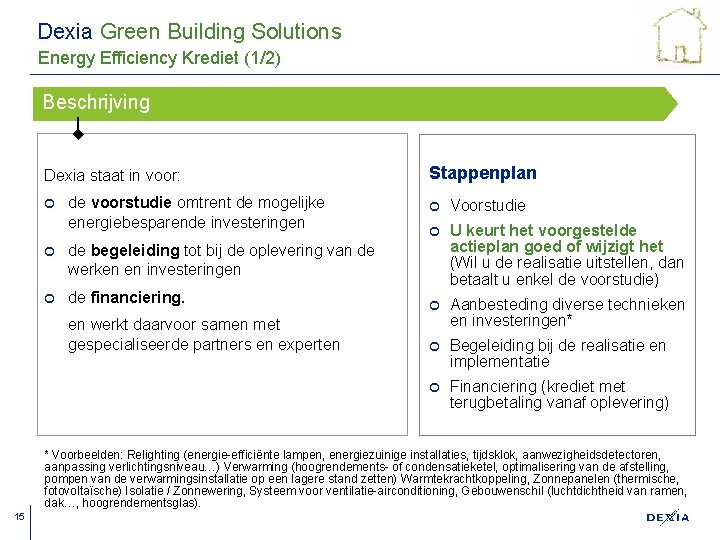 Dexia Green Building Solutions Energy Efficiency Krediet (1/2) Beschrijving Dexia staat in voor: ¢