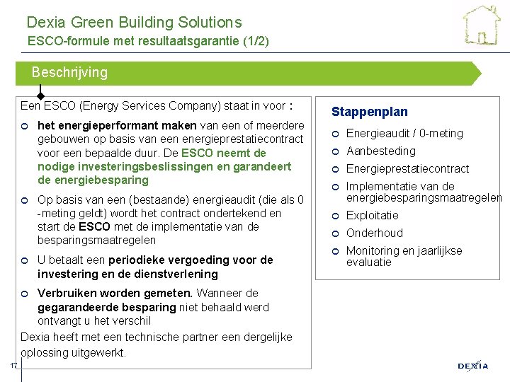 Dexia Green Building Solutions ESCO-formule met resultaatsgarantie (1/2) Beschrijving Een ESCO (Energy Services Company)
