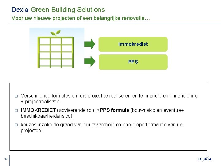 Dexia Green Building Solutions Voor uw nieuwe projecten of een belangrijke renovatie… Immokrediet PPS