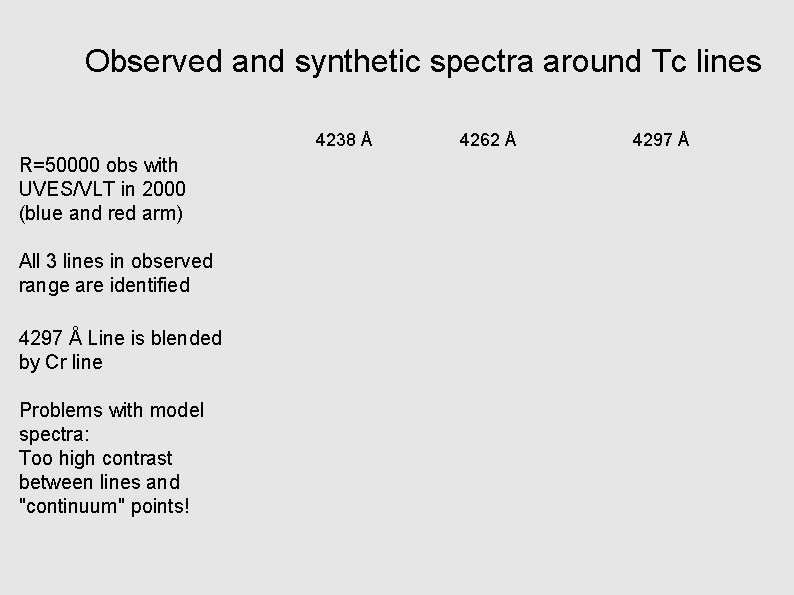 Observed and synthetic spectra around Tc lines 4238 Å R=50000 obs with UVES/VLT in