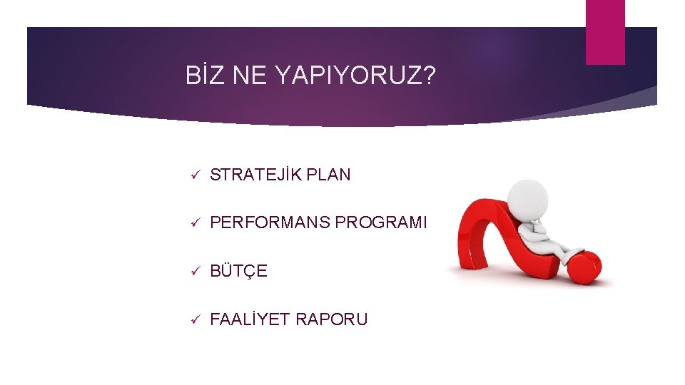 BİZ NE YAPIYORUZ? ü STRATEJİK PLAN ü PERFORMANS PROGRAMI ü BÜTÇE ü FAALİYET RAPORU