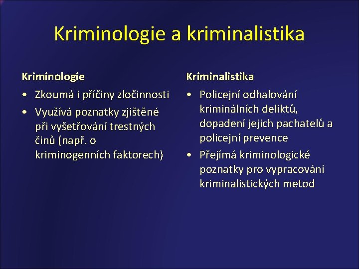 Kriminologie a kriminalistika Kriminologie Kriminalistika • Zkoumá i příčiny zločinnosti • Využívá poznatky zjištěné