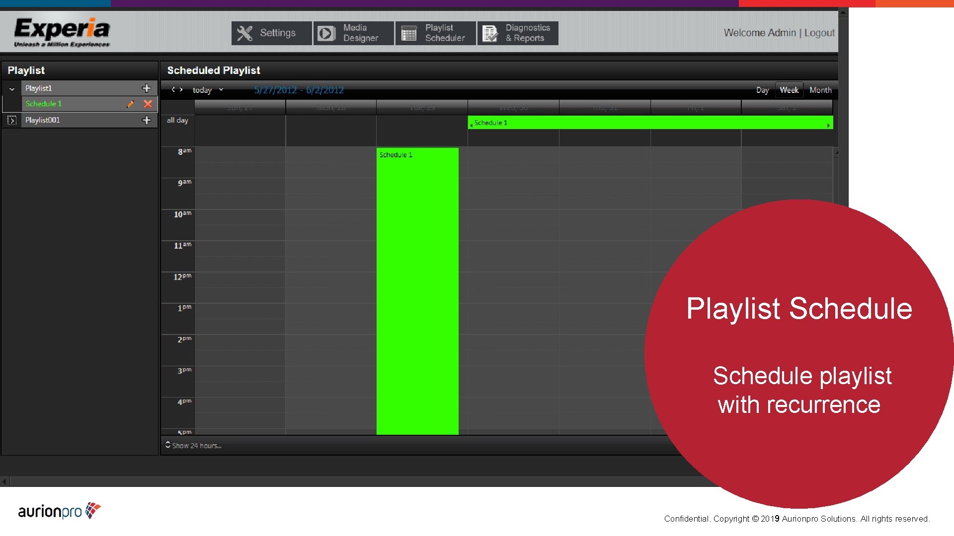 Playlist Schedule playlist with recurrence Confidential. Copyright © 2019 Aurionpro Solutions. All rights reserved.