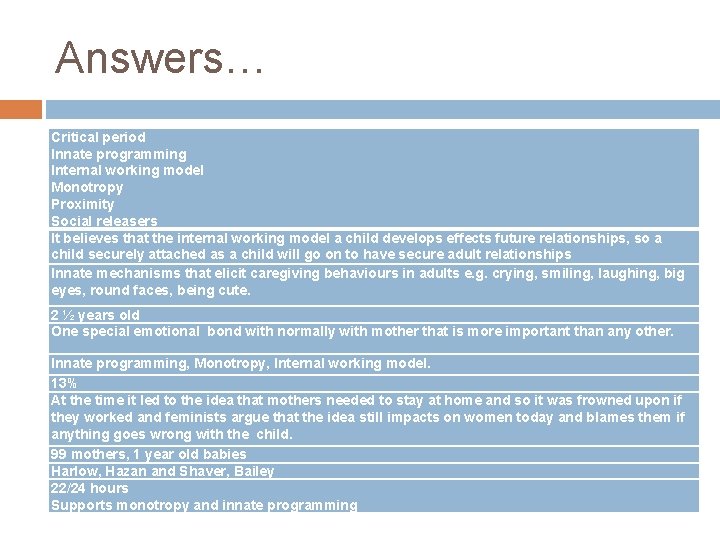 Answers… Critical period Innate programming Internal working model Monotropy Proximity Social releasers It believes