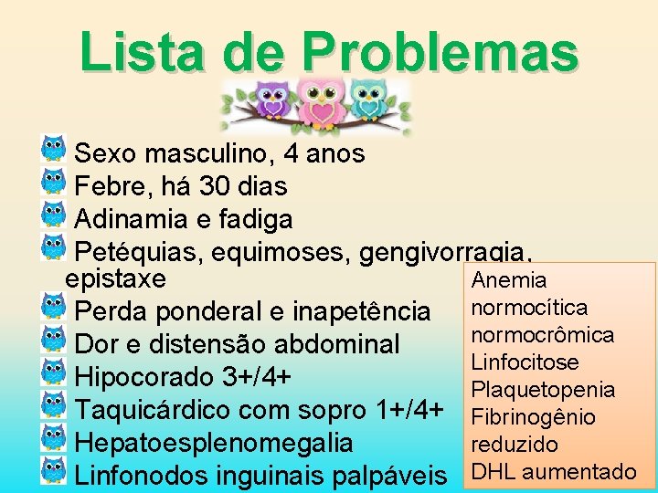 Lista de Problemas Sexo masculino, 4 anos Febre, há 30 dias Adinamia e fadiga
