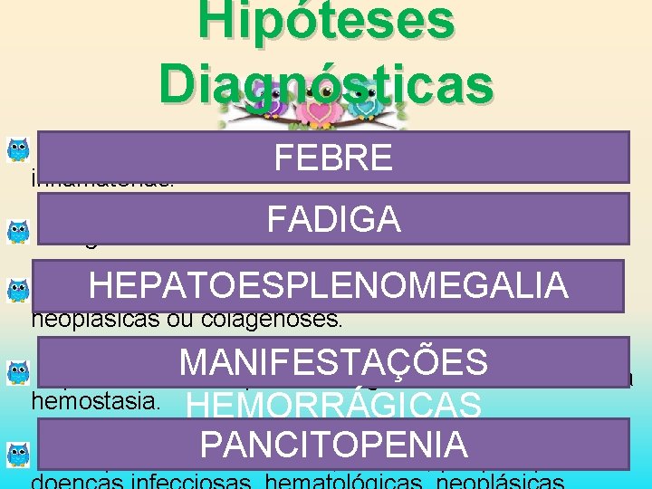 Hipóteses Diagnósticas Febre doenças infecciosas, neoplásicas ou FEBRE inflamatórias. Fadiga anemia. FADIGA HEPATOESPLENOMEGALIA Hepatoesplenomegalia