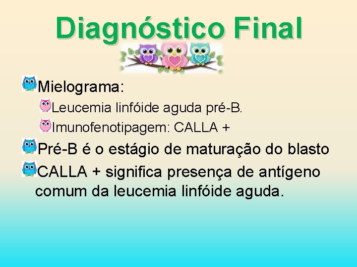 Diagnóstico Final Mielograma: Leucemia linfóide aguda pré-B. Imunofenotipagem: CALLA + Pré-B é o estágio