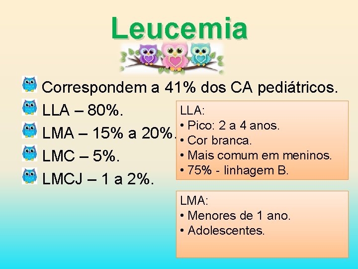 Leucemia Correspondem a 41% dos CA pediátricos. LLA: LLA – 80%. • Pico: 2