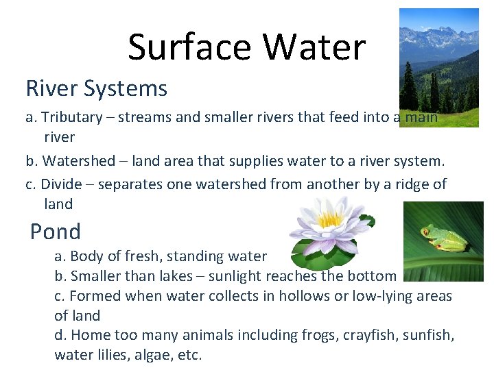 Surface Water River Systems a. Tributary – streams and smaller rivers that feed into
