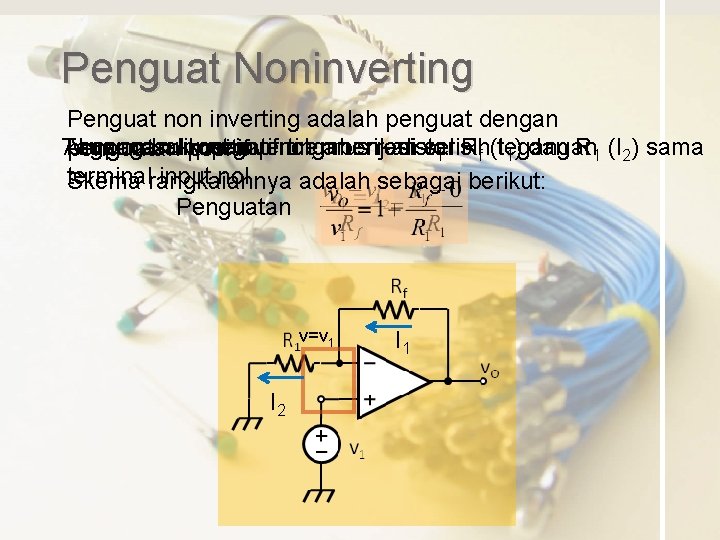 Penguat Noninverting Penguat non inverting adalah penguat dengan Tegangan Arus Umpan masuk balik input Penguat Noninverting Penguat non inverting adalah penguat dengan Tegangan Arus Umpan masuk balik input