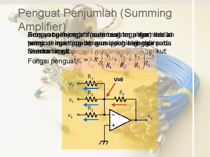 Penguat Penjumlah (Summing Amplifier) Arus Umpan yang balik mengalir negatif pada membuat resistor tegangan Penguat Penjumlah (Summing Amplifier) Arus Umpan yang balik mengalir negatif pada membuat resistor tegangan