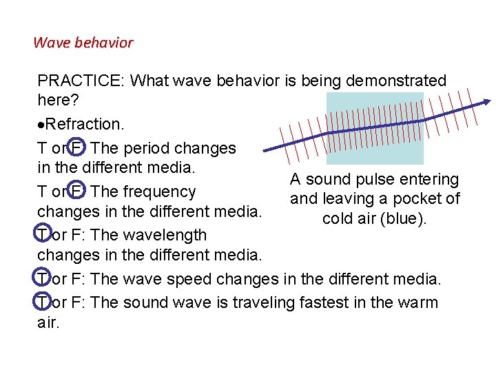 Wave behavior PRACTICE: What wave behavior is being demonstrated here? Refraction. T or F: