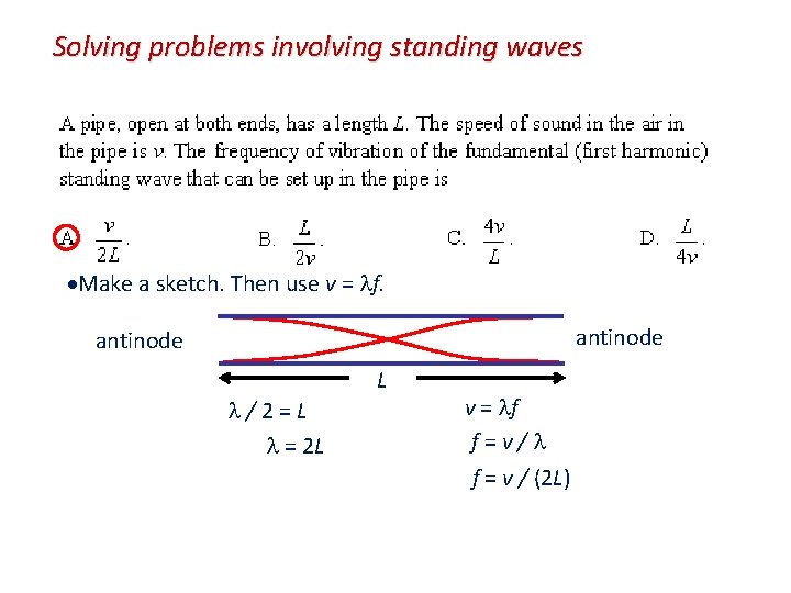 Solving problems involving standing waves Make a sketch. Then use v = f. antinode