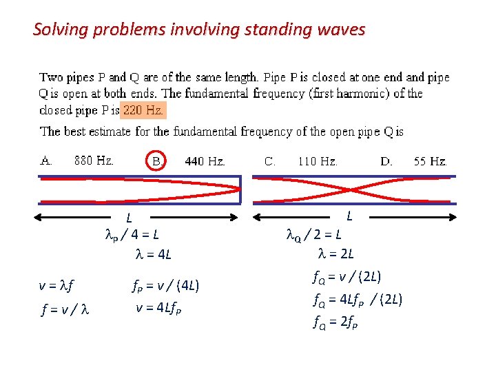 Solving problems involving standing waves L P / 4 = L = 4 L