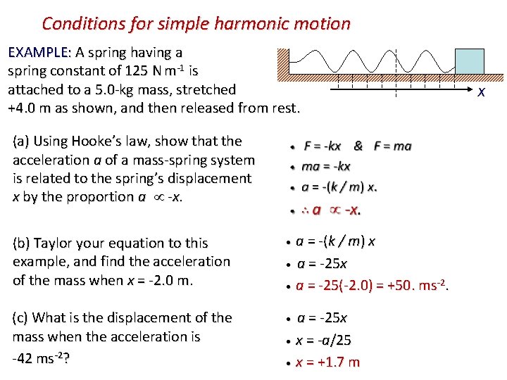 Conditions for simple harmonic motion EXAMPLE: A spring having a spring constant of 125