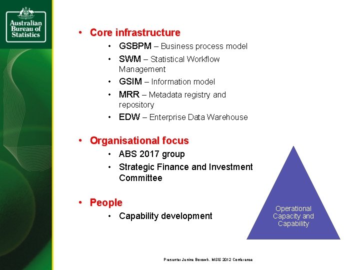  • Core infrastructure • GSBPM – Business process model • SWM – Statistical