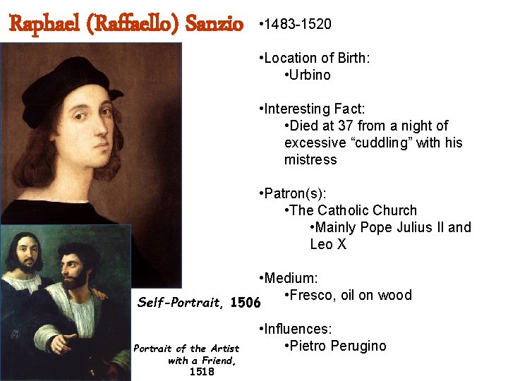 Raphael (Raffaello) Sanzio • 1483 -1520 • Location of Birth: • Urbino • Interesting