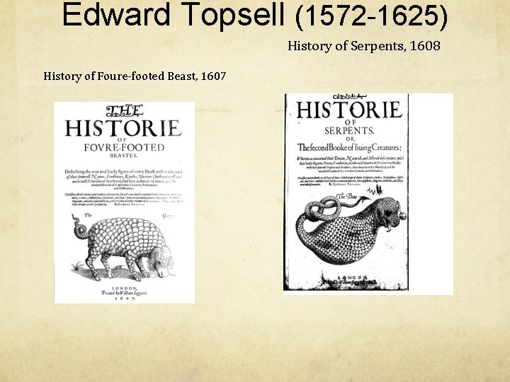 Edward Topsell (1572 -1625) History of Serpents, 1608 History of Foure-footed Beast, 1607 