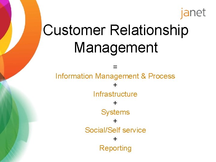 Customer Relationship Management = Information Management & Process + Infrastructure + Systems + Social/Self