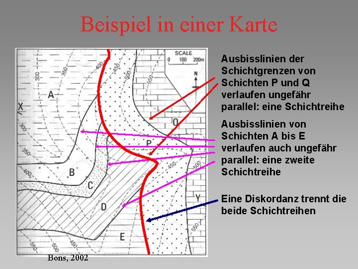 Beispiel in einer Karte Ausbisslinien der Schichtgrenzen von Schichten P und Q verlaufen ungefähr