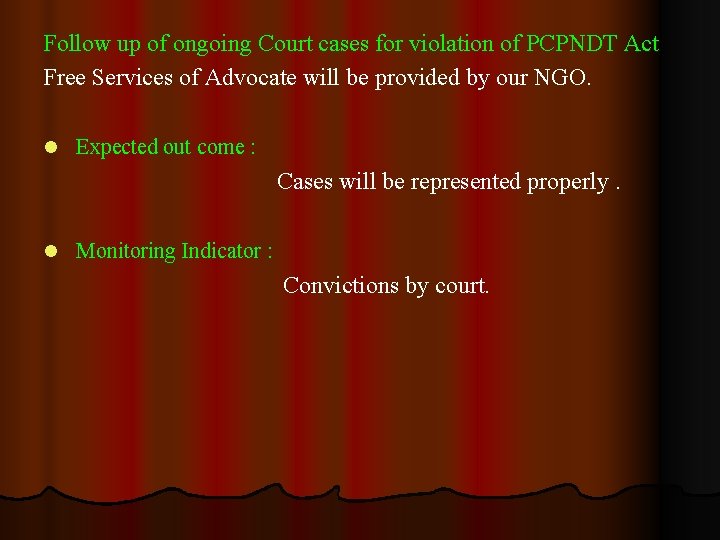 Follow up of ongoing Court cases for violation of PCPNDT Act Free Services of