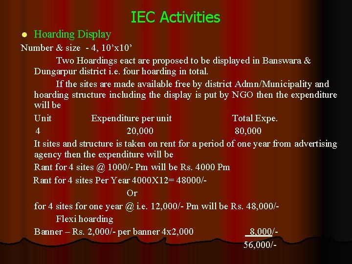 IEC Activities l Hoarding Display Number & size - 4, 10’x 10’ Two Hoardings