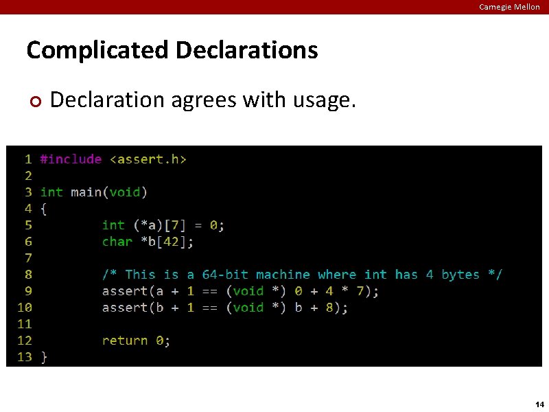 Carnegie Mellon Complicated Declarations ¢ Declaration agrees with usage. 14 