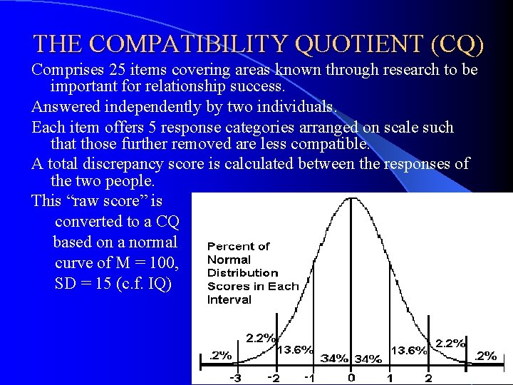 THE COMPATIBILITY QUOTIENT (CQ) Comprises 25 items covering areas known through research to be