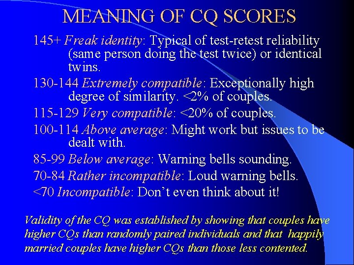 MEANING OF CQ SCORES 145+ Freak identity: Typical of test-retest reliability (same person doing