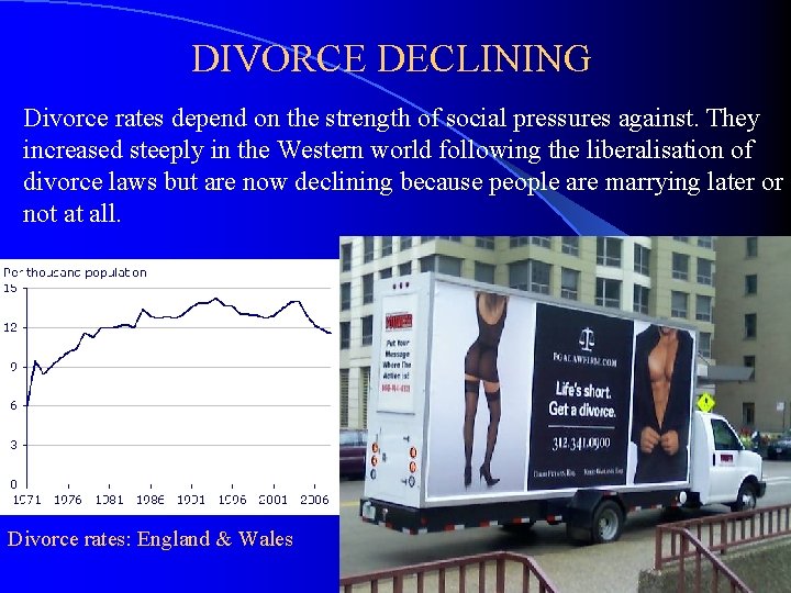 DIVORCE DECLINING Divorce rates depend on the strength of social pressures against. They increased