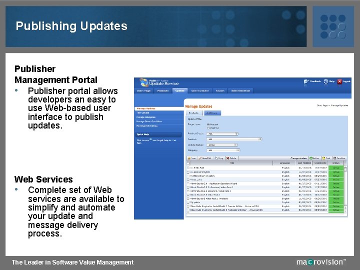 Publishing Updates Publisher Management Portal • Publisher portal allows developers an easy to use
