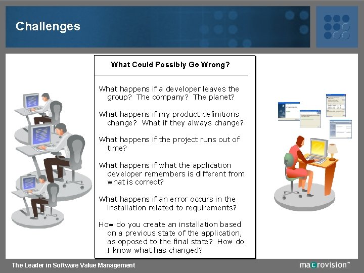 Challenges What Could Possibly Go Wrong? What happens if a developer leaves the group?
