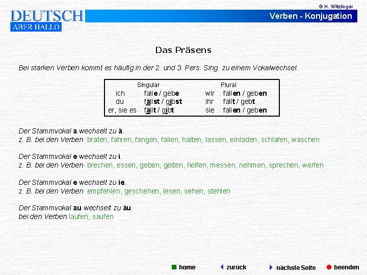 © H. Witzlinger Verben - Konjugation Das Präsens Bei starken Verben kommt es häufig