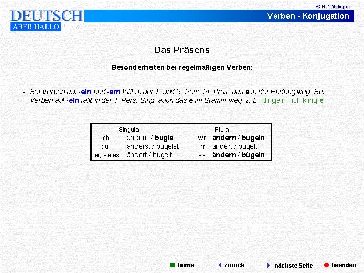 © H. Witzlinger Verben - Konjugation Das Präsens Besonderheiten bei regelmäßigen Verben: - Bei