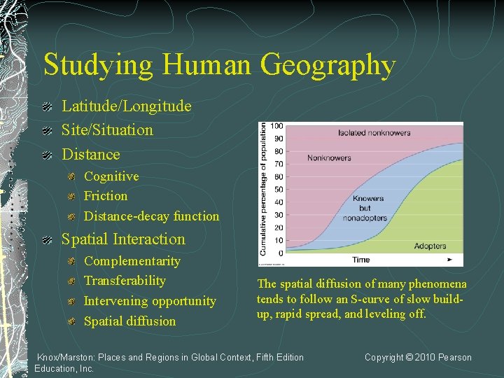 Studying Human Geography Latitude/Longitude Site/Situation Distance Cognitive Friction Distance-decay function Spatial Interaction Complementarity Transferability