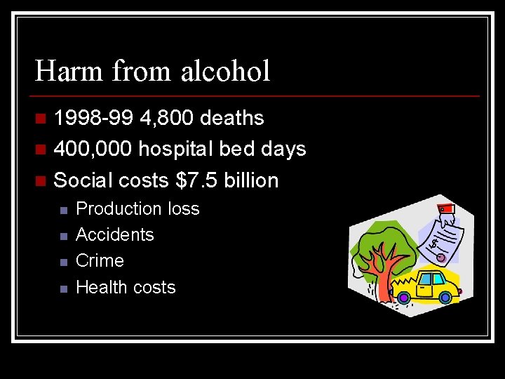 Harm from alcohol 1998 -99 4, 800 deaths n 400, 000 hospital bed days