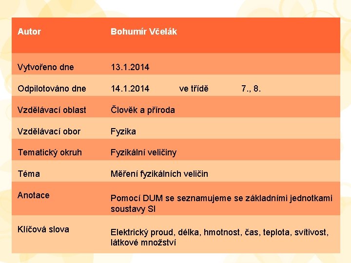 Autor Bohumír Včelák Vytvořeno dne 13. 1. 2014 Odpilotováno dne 14. 1. 2014 Vzdělávací