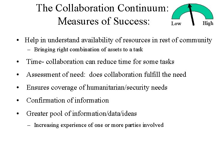 The Collaboration Continuum: Measures of Success: Low High • Help in understand availability of