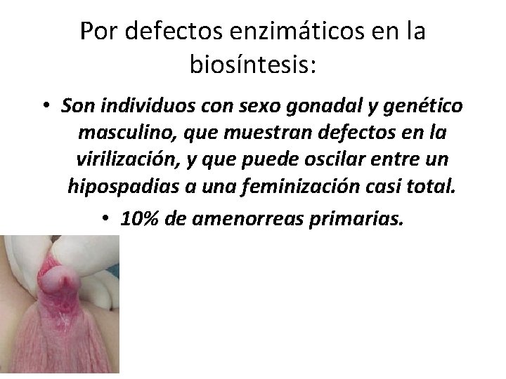 Por defectos enzimáticos en la biosíntesis: • Son individuos con sexo gonadal y genético