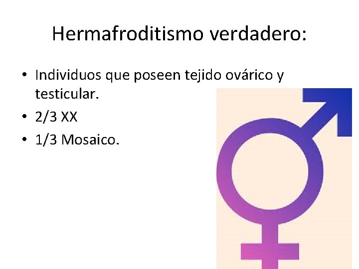 Hermafroditismo verdadero: • Individuos que poseen tejido ovárico y testicular. • 2/3 XX •