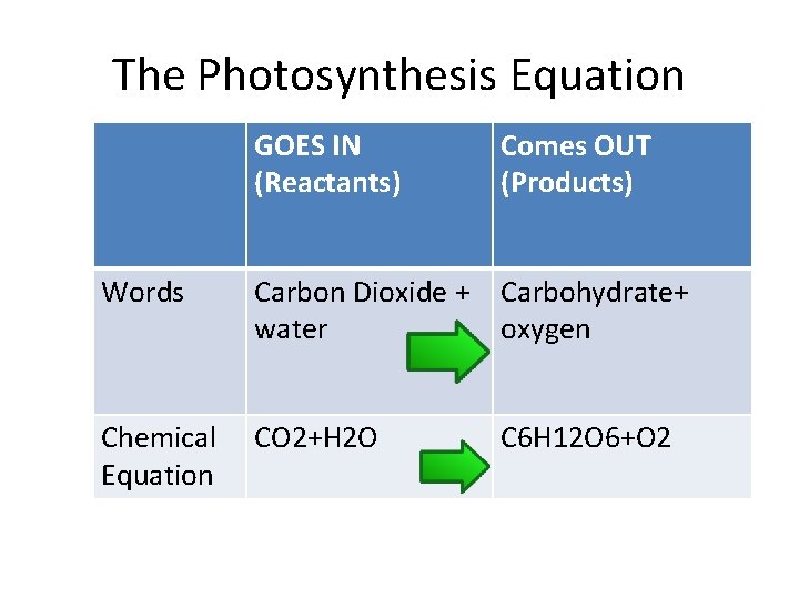 The Photosynthesis Equation GOES IN (Reactants) Comes OUT (Products) Words Carbon Dioxide + Carbohydrate+