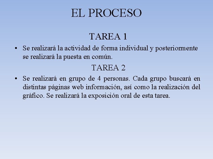 EL PROCESO TAREA 1 • Se realizará la actividad de forma individual y posteriormente