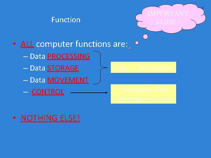 IMPORTANT SLIDE ! Function • ALL computer functions are: – Data PROCESSING – Data