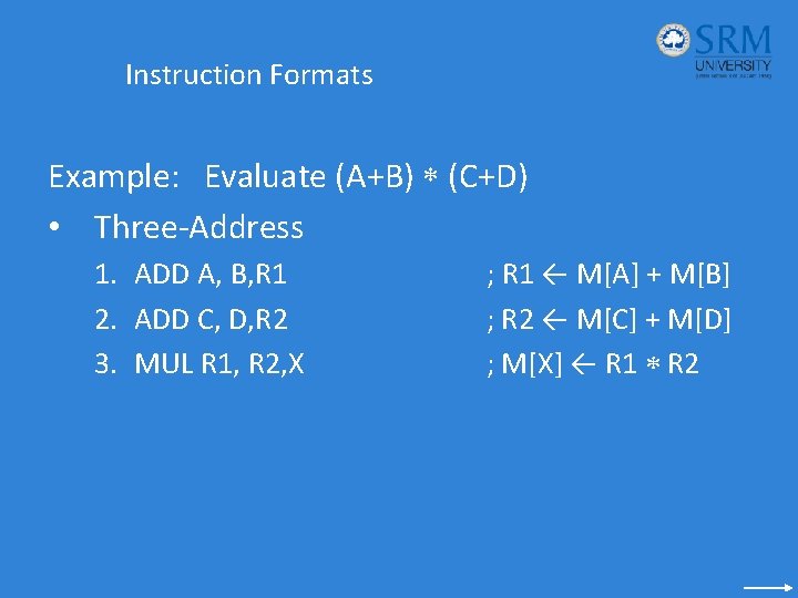 Instruction Formats Example: Evaluate (A+B) (C+D) • Three-Address 1. ADD A, B, R 1