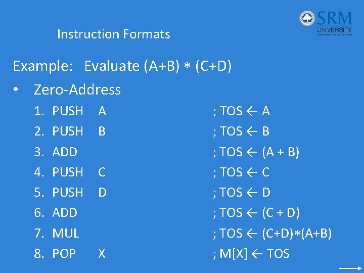 Instruction Formats Example: Evaluate (A+B) (C+D) • Zero-Address 1. 2. 3. 4. 5. 6.