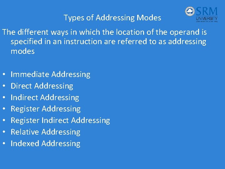 Types of Addressing Modes The different ways in which the location of the operand