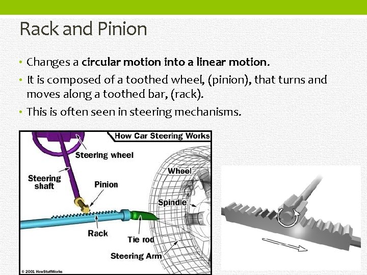 Rack and Pinion • Changes a circular motion into a linear motion. • It